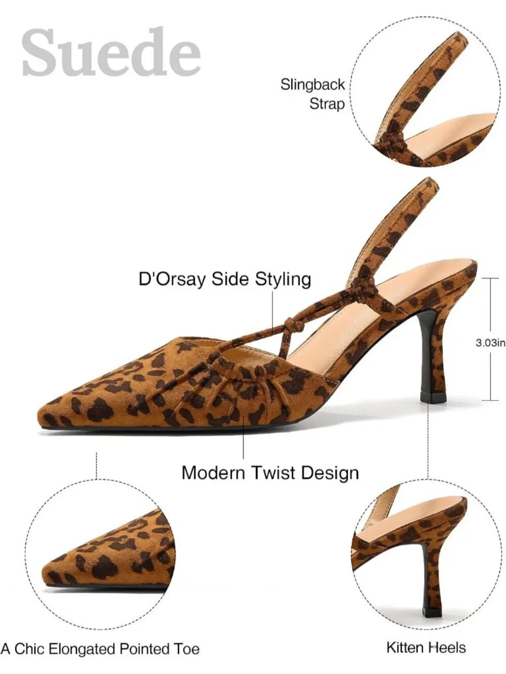 Women's Leopard Slingback Kitten Heels Closed Pointed Toe Backless Pump Shoes